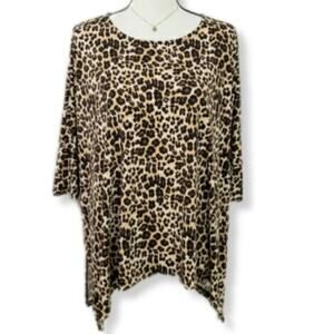 Chicos Brown Leopard Cheetah Jersey Knit Top 0 S Casual Neutral Career Boxy NEW